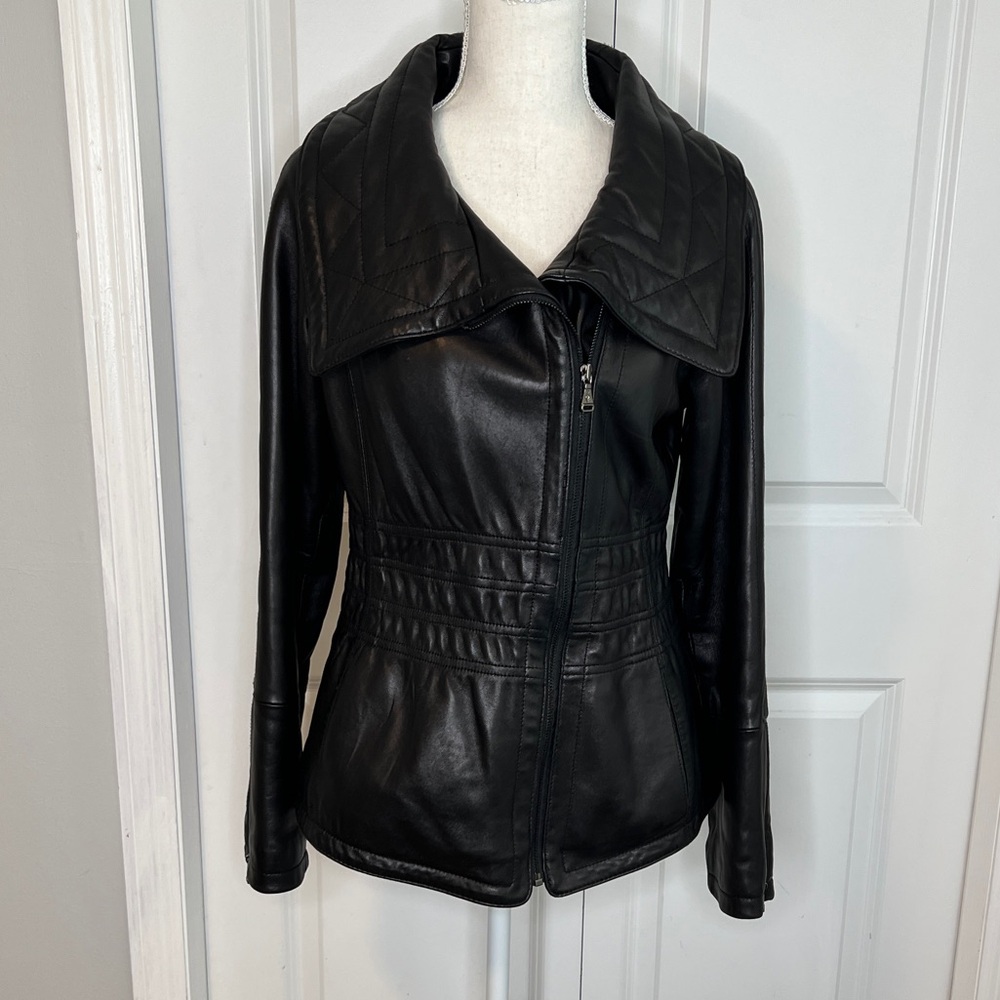 Baby Phat VTG Black Leather Jacket Medium Y2K Wide Collar Zipper Winter 1 Rip